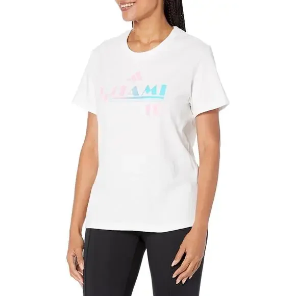 Adidas Lionel Messi Miami T-Shirt Womens L White Graphic Print Crew Neck DSGL170 - Picture 6 of 8